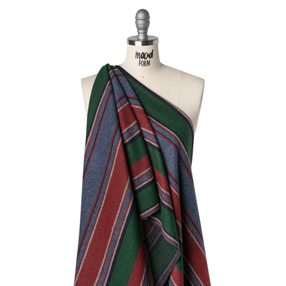 Recycled Wool and Polyester Coating Made in Italy - Dusty Denim Blue, Forest Green and Ruby Red Barcode Stripes - Drape Recycled Wool and Polyester Coating Made in Italy - Dusty Denim Blue, Forest Green and Ruby Red Barcode Stripes - Drape