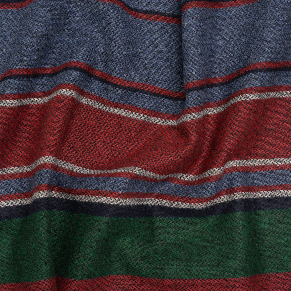 Recycled Wool and Polyester Coating Made in Italy - Dusty Denim Blue, Forest Green and Ruby Red Barcode Stripes Recycled Wool and Polyester Coating Made in Italy - Dusty Denim Blue, Forest Green and Ruby Red Barcode Stripes