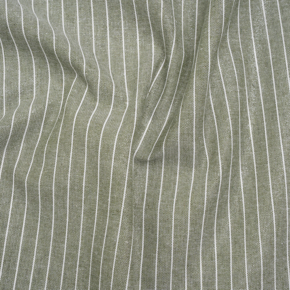 Metallic Cotton and Linen Blend Woven Made in Italy - Sage Green, White and Silver Pin Stripes Metallic Cotton and Linen Blend Woven Made in Italy - Sage Green, White and Silver Pin Stripes