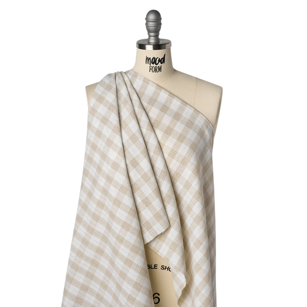 Metallic Cotton and Linen Blend Woven Made in Italy - Sandy Beige, Natural White and Silver Plaid - Drape Metallic Cotton and Linen Blend Woven Made in Italy - Sandy Beige, Natural White and Silver Plaid - Drape