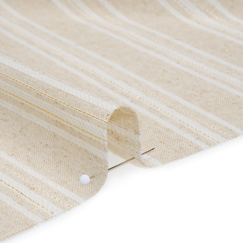 Cotton and Linen Blend Woven Made in Italy - Wheat Beige, Natural White and Metallic Gold Stripes - Detail Cotton and Linen Blend Woven Made in Italy - Wheat Beige, Natural White and Metallic Gold Stripes - Detail
