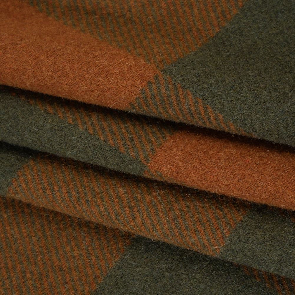 Brushed Wool Blend Twill Coating Made in Italy - Rust Orange and Olive Green Buffalo Checks - Folded Brushed Wool Blend Twill Coating Made in Italy - Rust Orange and Olive Green Buffalo Checks - Folded