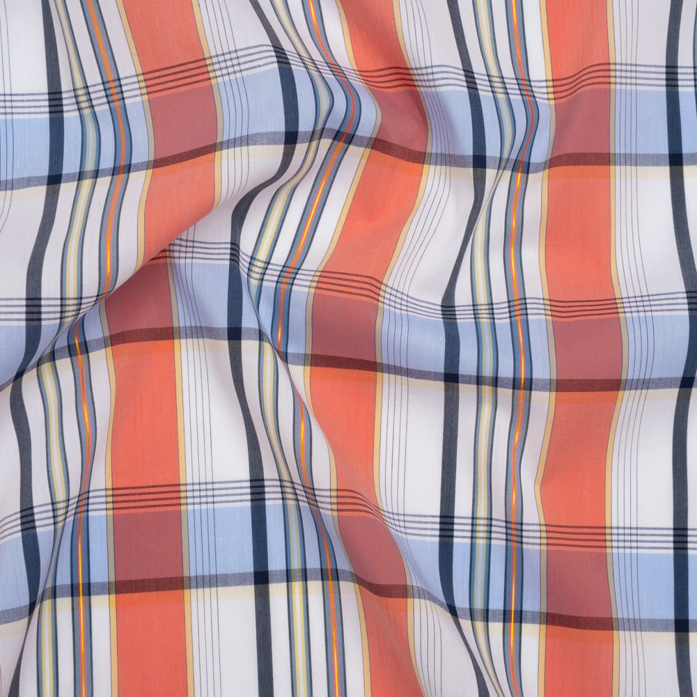 Stretch Cotton and Nylon Shirting Made in Italy - Coral Pink, Light Blue and Metallic Gold Plaid Stretch Cotton and Nylon Shirting Made in Italy - Coral Pink, Light Blue and Metallic Gold Plaid