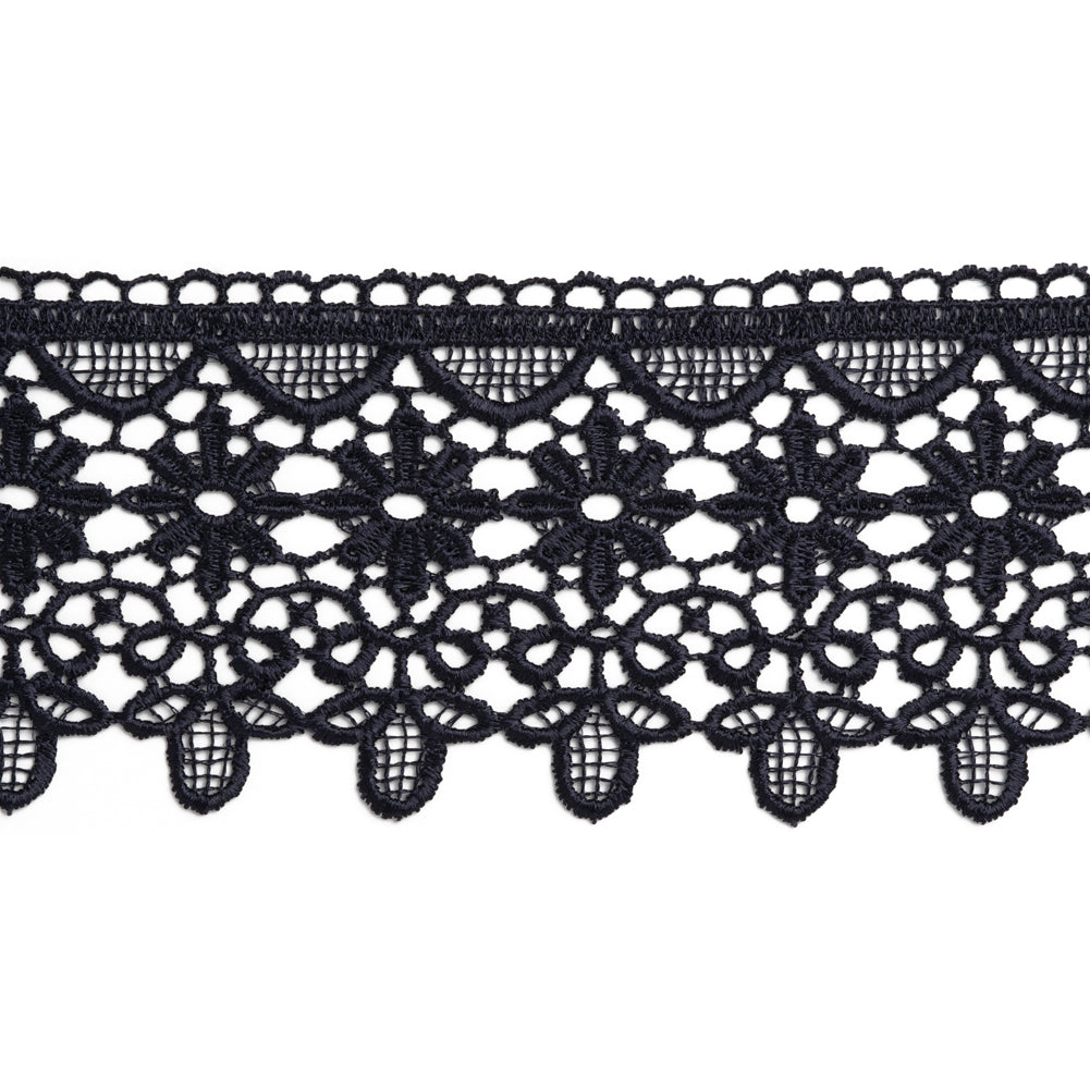 Venise Lace Trim with Scalloped Edge - 3" - Navy Blue Daisies and Leaves Venise Lace Trim with Scalloped Edge - 3" - Navy Blue Daisies and Leaves