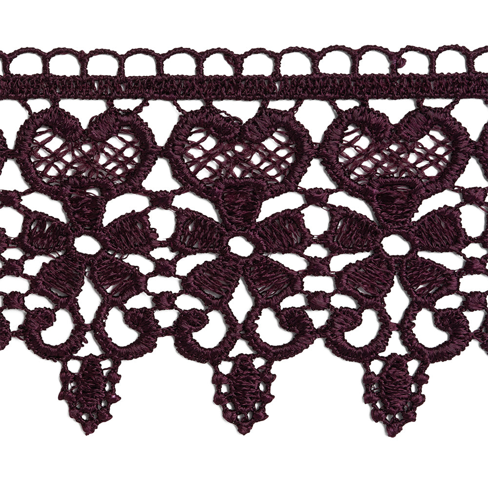 Venise Lace Trim with Scalloped Edge - 2.5" - Rich Plum Purple Flowers and Hearts - Folded Venise Lace Trim with Scalloped Edge - 2.5" - Rich Plum Purple Flowers and Hearts - Folded
