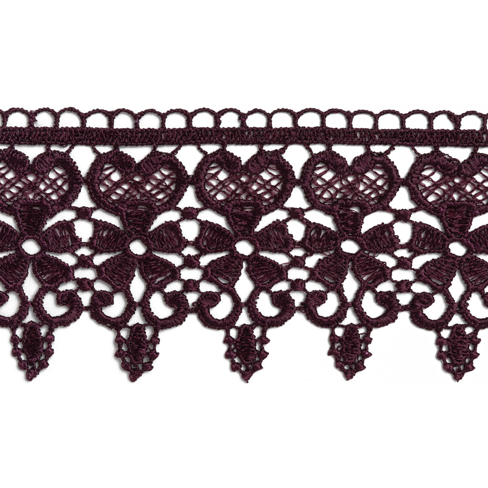 Venise Lace Trim with Scalloped Edge - 2.5" - Rich Plum Purple Flowers and Hearts Venise Lace Trim with Scalloped Edge - 2.5" - Rich Plum Purple Flowers and Hearts