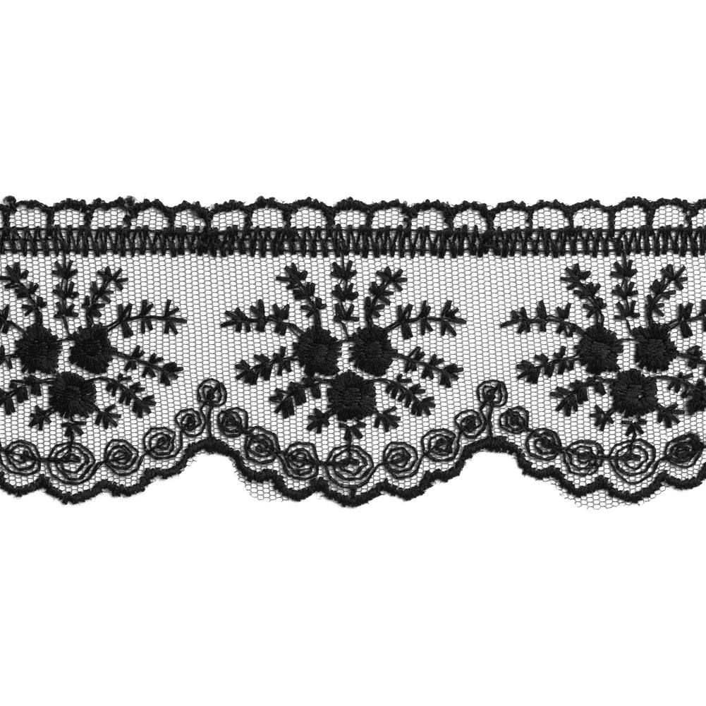 Embroidered Lace Trim with Scalloped Edge - 2.5" - Black Flower Bouquets Embroidered Lace Trim with Scalloped Edge - 2.5" - Black Flower Bouquets