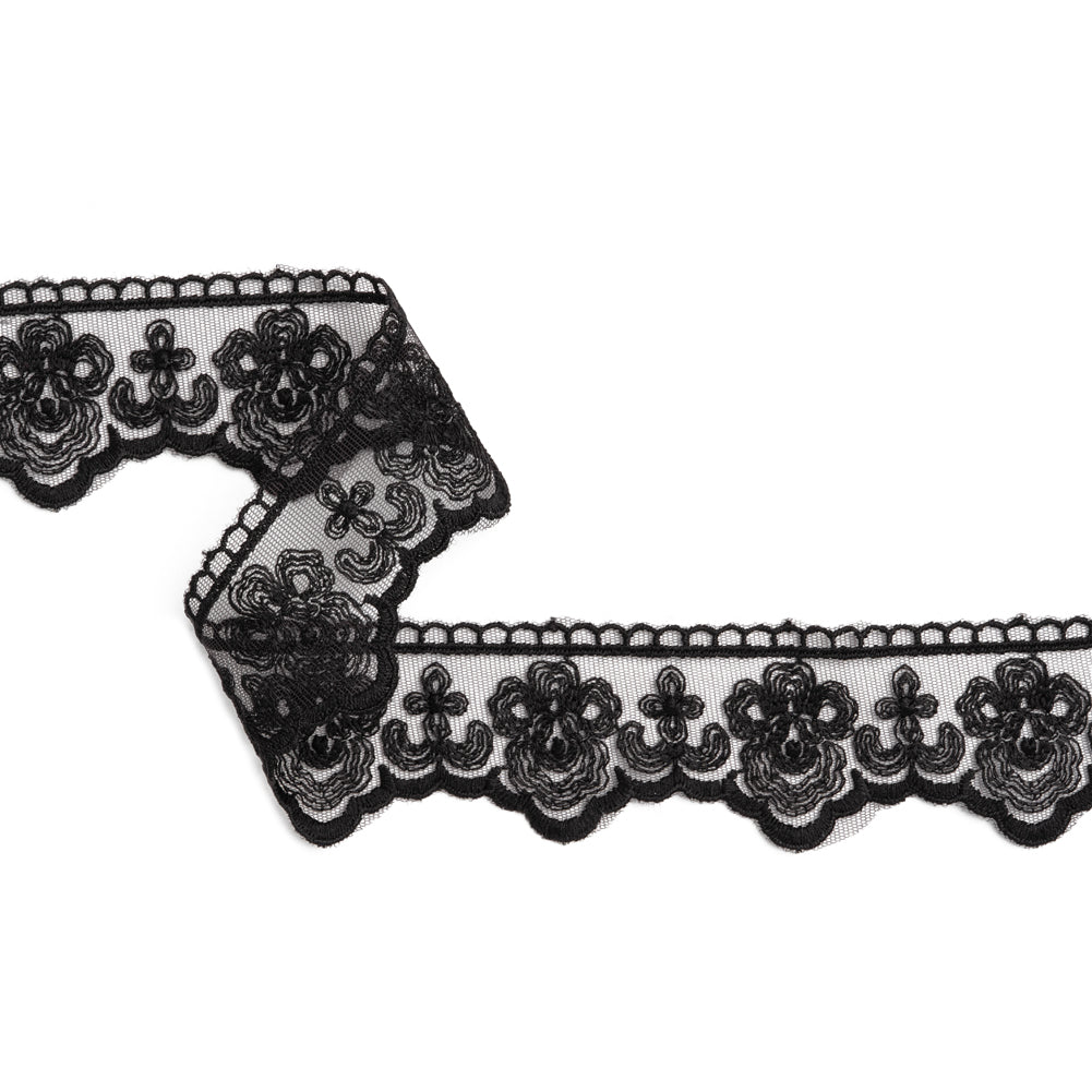 Embroidered Lace Trim with Scalloped Edge - 2" - Black Roses Embroidered Lace Trim with Scalloped Edge - 2" - Black Roses