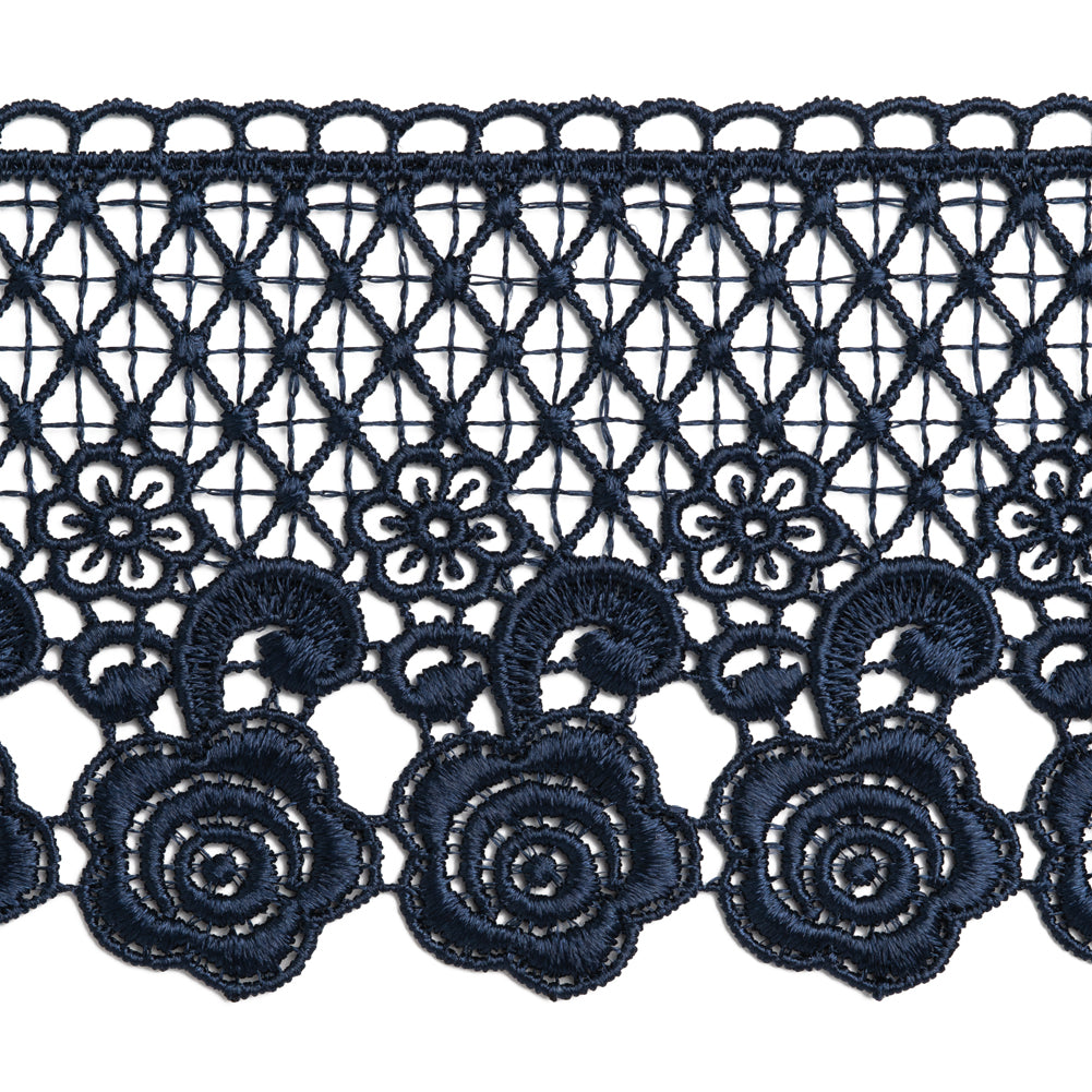 Venise Lace Trim with Scalloped Edge - 3" - Navy Blue Lattice and Roses - Folded Venise Lace Trim with Scalloped Edge - 3" - Navy Blue Lattice and Roses - Folded