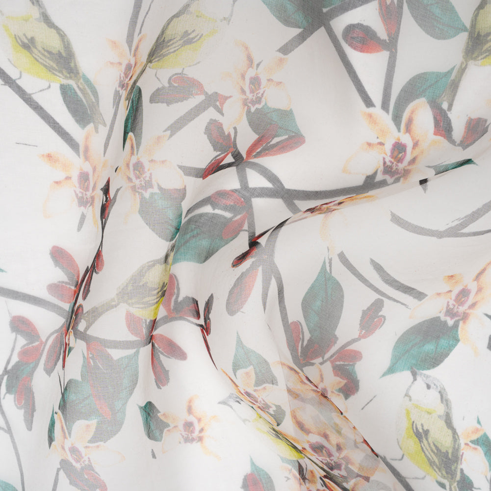 Silk Organza Print - Cream, Dark Red and Green Floral Silk Organza Print - Cream, Dark Red and Green Floral