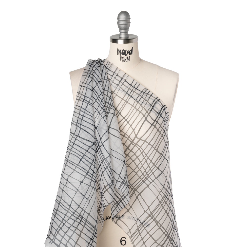 Silk Organza Print - Black and White Organic Grid - Drape Silk Organza Print - Black and White Organic Grid - Drape
