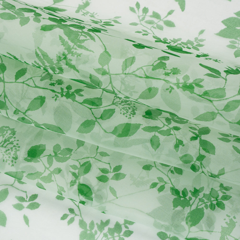 Silk Organza Print - Green and Cream Leaf Silhouettes - Folded Silk Organza Print - Green and Cream Leaf Silhouettes - Folded