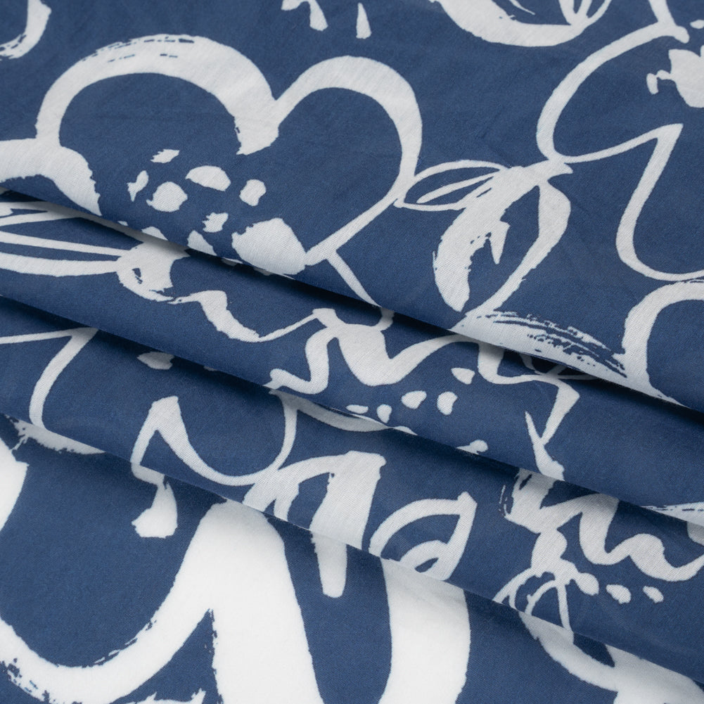 Silk and Cotton Voile Print - Bright Navy and White Painterly Flowers - Folded Silk and Cotton Voile Print - Bright Navy and White Painterly Flowers - Folded