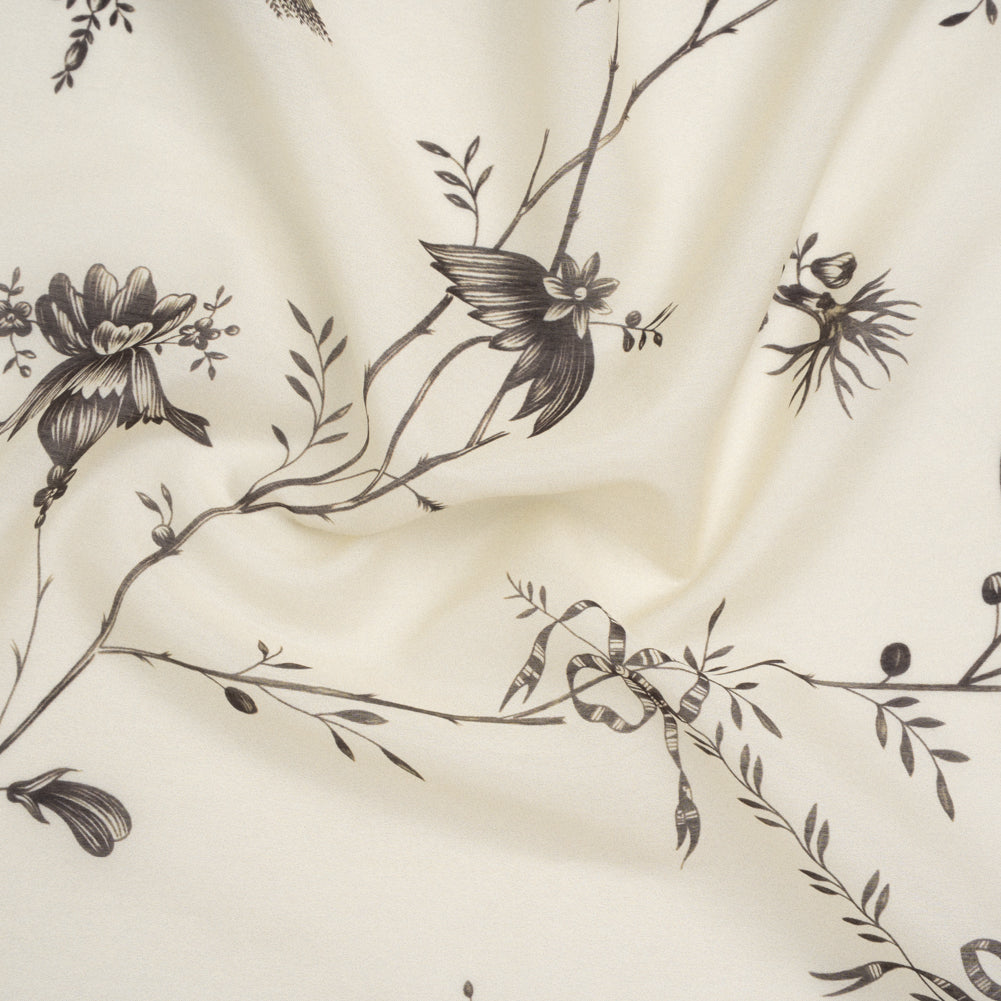 Silk and Cotton Voile Print - Cream and Dark Brown Floral Silk and Cotton Voile Print - Cream and Dark Brown Floral