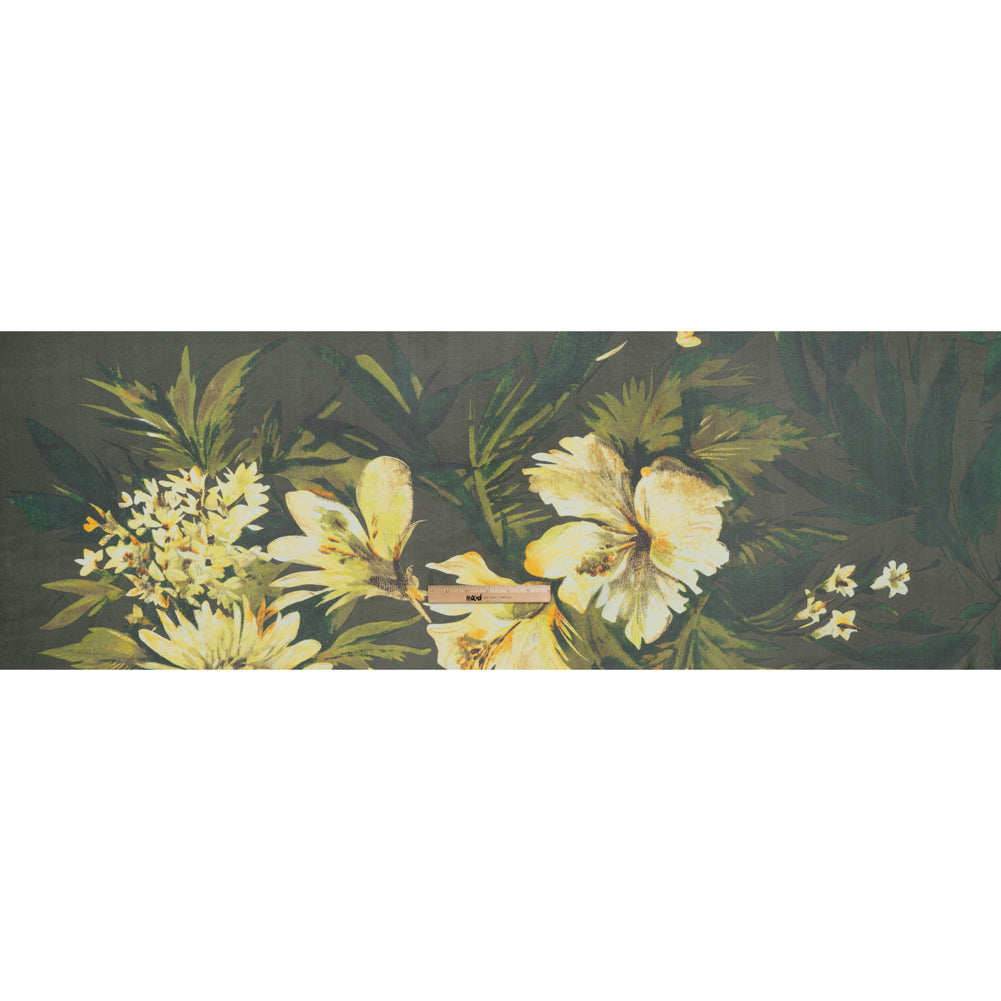 Silk Chiffon Print - Olive, Forest Green and Yellow Cream Jumbo Floral - Full Silk Chiffon Print - Olive, Forest Green and Yellow Cream Jumbo Floral - Full