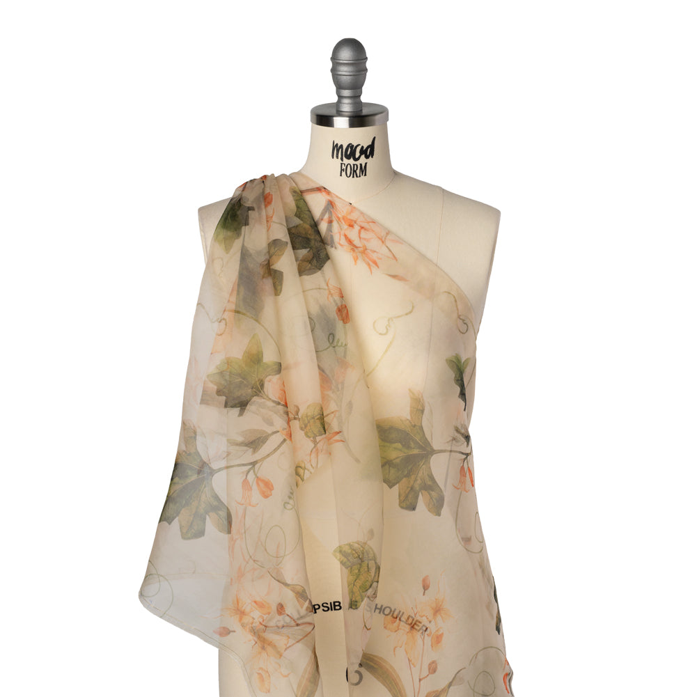 Silk Organza Print - Peach, Green and Cream Floral - Drape Silk Organza Print - Peach, Green and Cream Floral - Drape