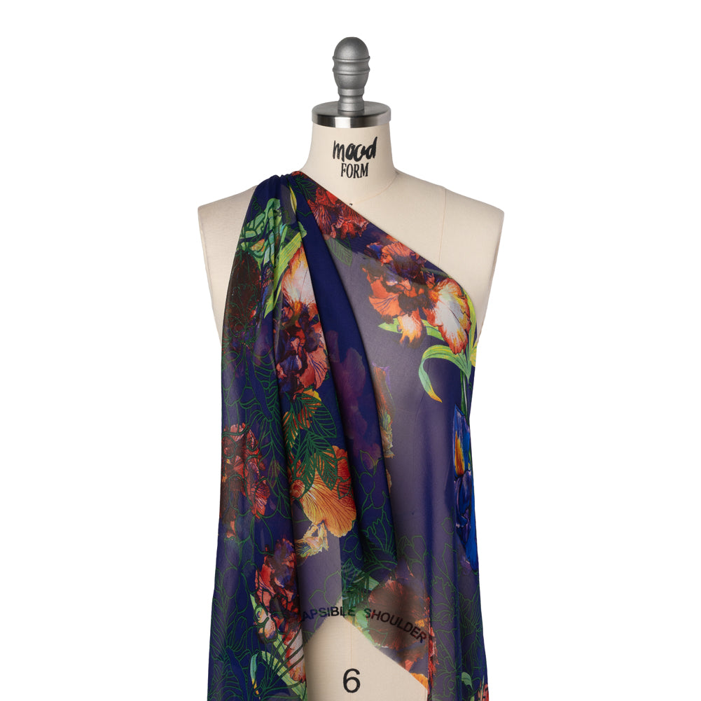 Silk Chiffon Print - Purple, Red and Spring Green Tropical Floral - Drape Silk Chiffon Print - Purple, Red and Spring Green Tropical Floral - Drape