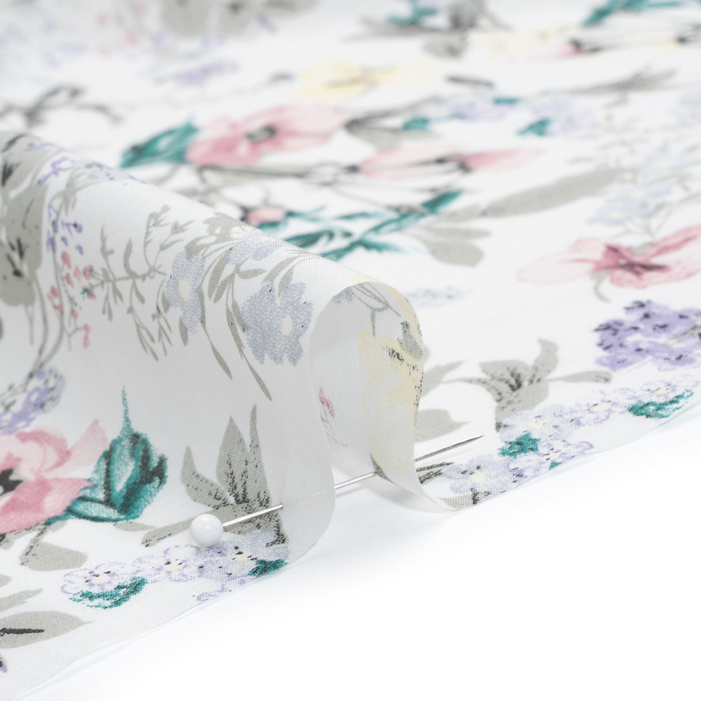 Silk and Cotton Voile Print - Baby Pink, Butter Yellow and Light Gray Floral - Detail Silk and Cotton Voile Print - Baby Pink, Butter Yellow and Light Gray Floral - Detail