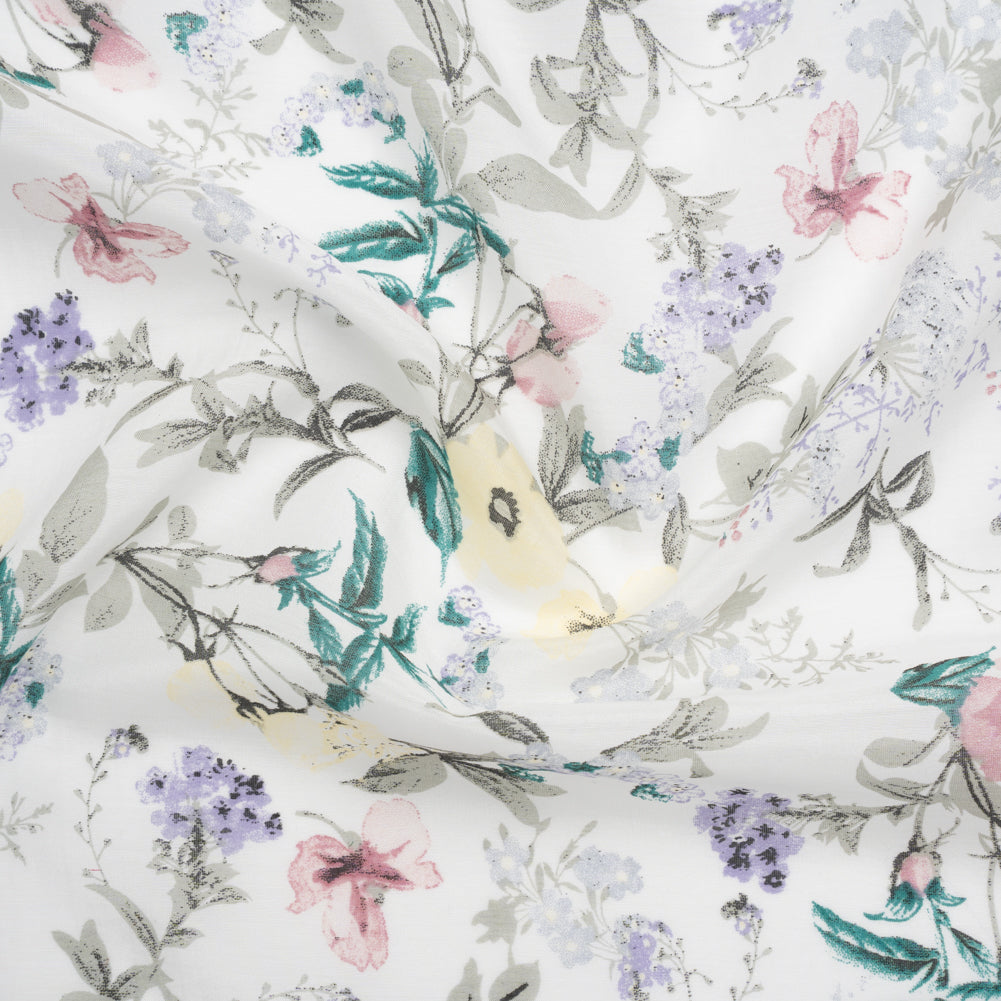 Silk and Cotton Voile Print - Baby Pink, Butter Yellow and Light Gray Floral Silk and Cotton Voile Print - Baby Pink, Butter Yellow and Light Gray Floral