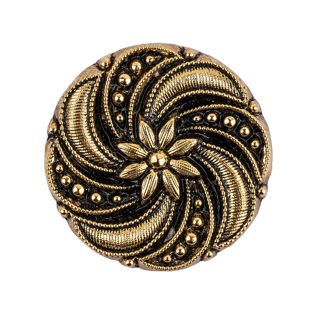 Black and Gold Floral and Swirl Glass Button - 44L/28mm Black and Gold Floral and Swirl Glass Button - 44L/28mm
