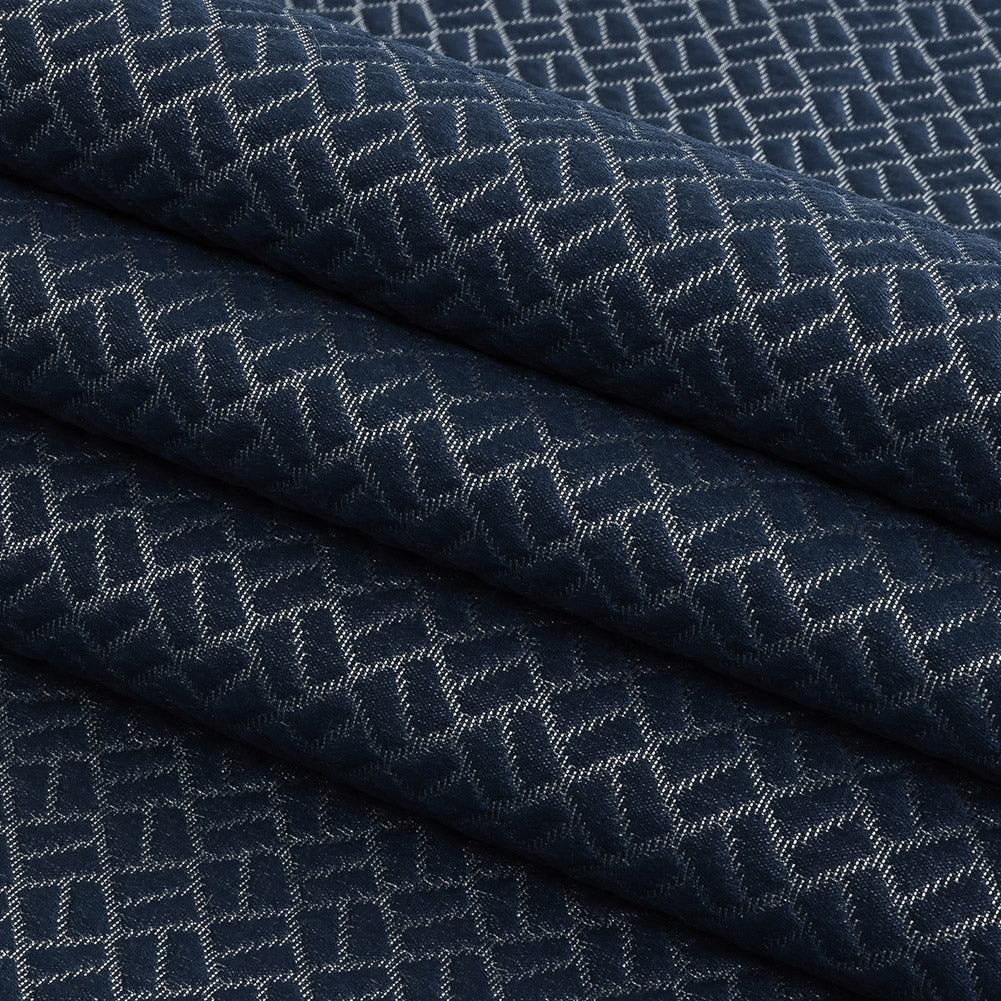 Polyester Jacquard - Indigo Geometric Boxes - British Imported Folded Polyester Jacquard - Indigo Geometric Boxes - British Imported Folded