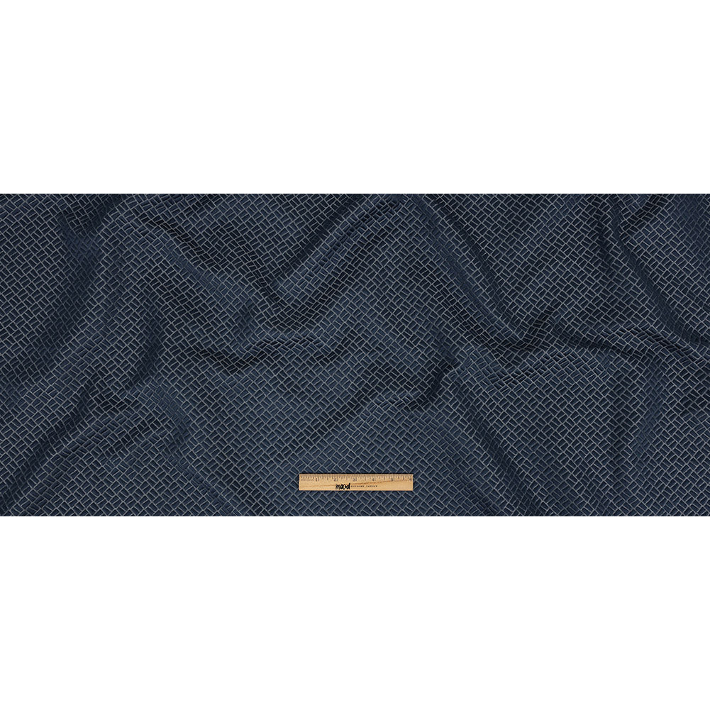 Polyester Jacquard - Indigo Geometric Boxes - British Imported Full Polyester Jacquard - Indigo Geometric Boxes - British Imported Full