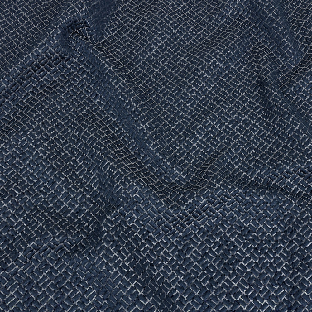 Polyester Jacquard - Indigo Geometric Boxes - British Imported Polyester Jacquard - Indigo Geometric Boxes - British Imported