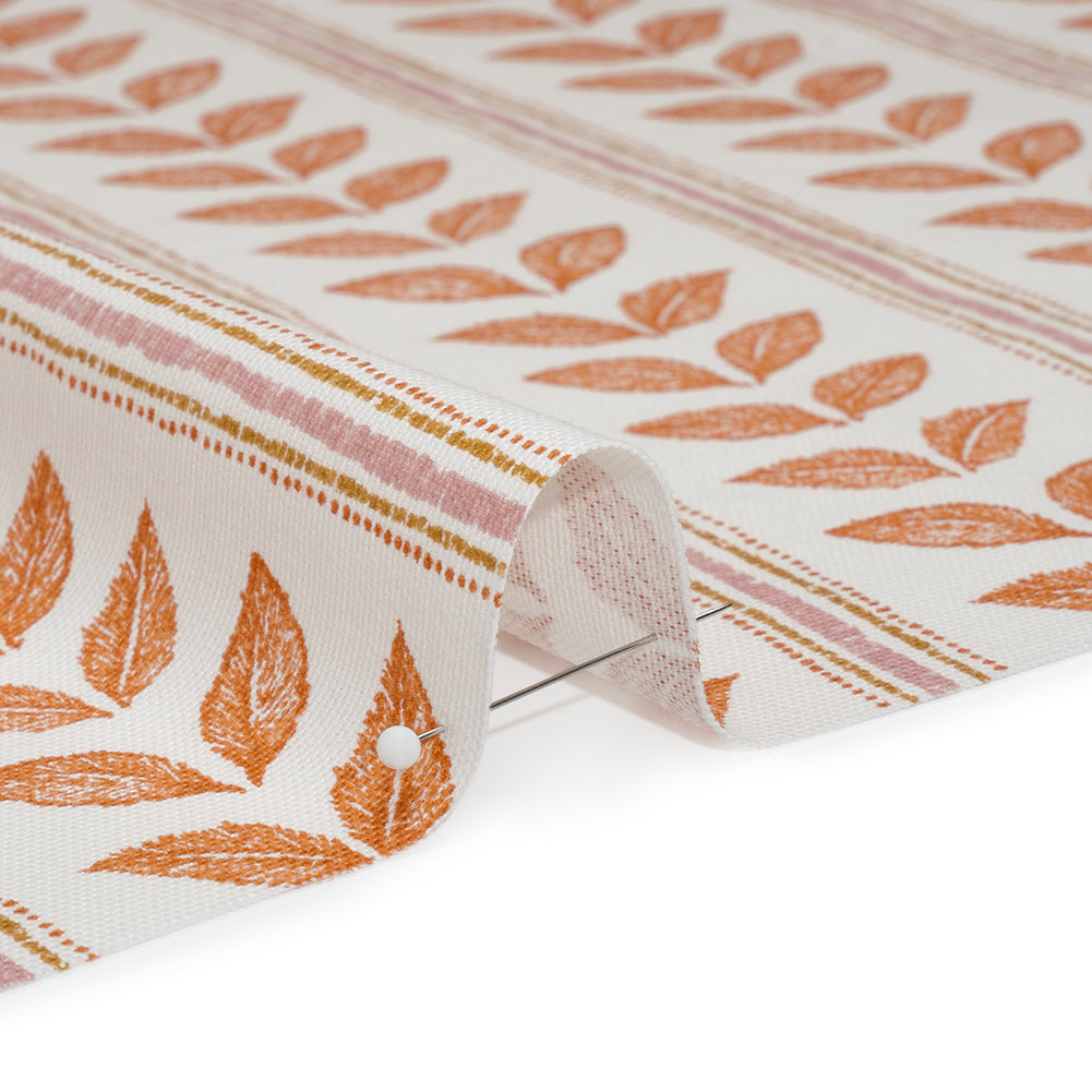 Cotton Canvas Print - Tangerine Leaves and Stripes - British Imported - Detail Cotton Canvas Print - Tangerine Leaves and Stripes - British Imported - Detail
