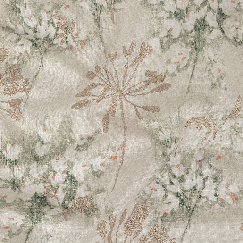Printed and Embroidered Drapery Canvas - Sage Floral - British Imported Printed and Embroidered Drapery Canvas - Sage Floral - British Imported