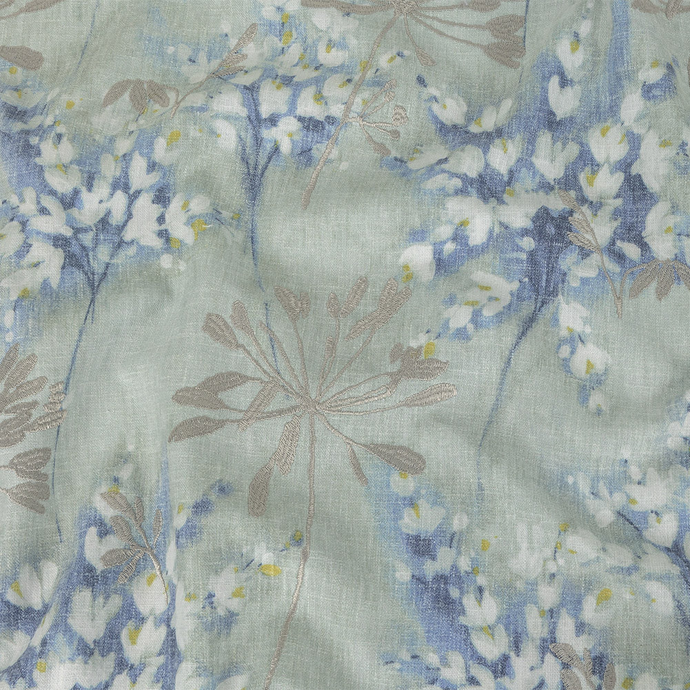Printed and Embroidered Drapery Canvas - Seafoam Floral - British Imported Printed and Embroidered Drapery Canvas - Seafoam Floral - British Imported