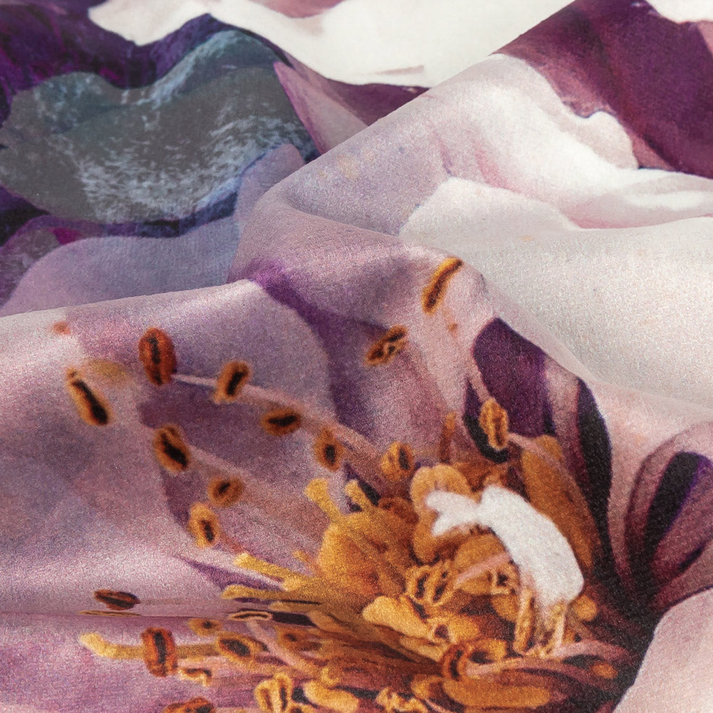 Polyester Knit Microvelvet Print - Amethyst Floral - British Imported Detail Polyester Knit Microvelvet Print - Amethyst Floral - British Imported Detail
