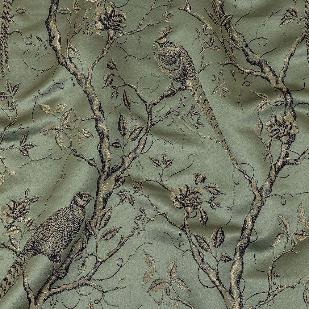 Drapery Jacquard - Ocean Perched Peacocks on Branches - British Imported Drapery Jacquard - Ocean Perched Peacocks on Branches - British Imported