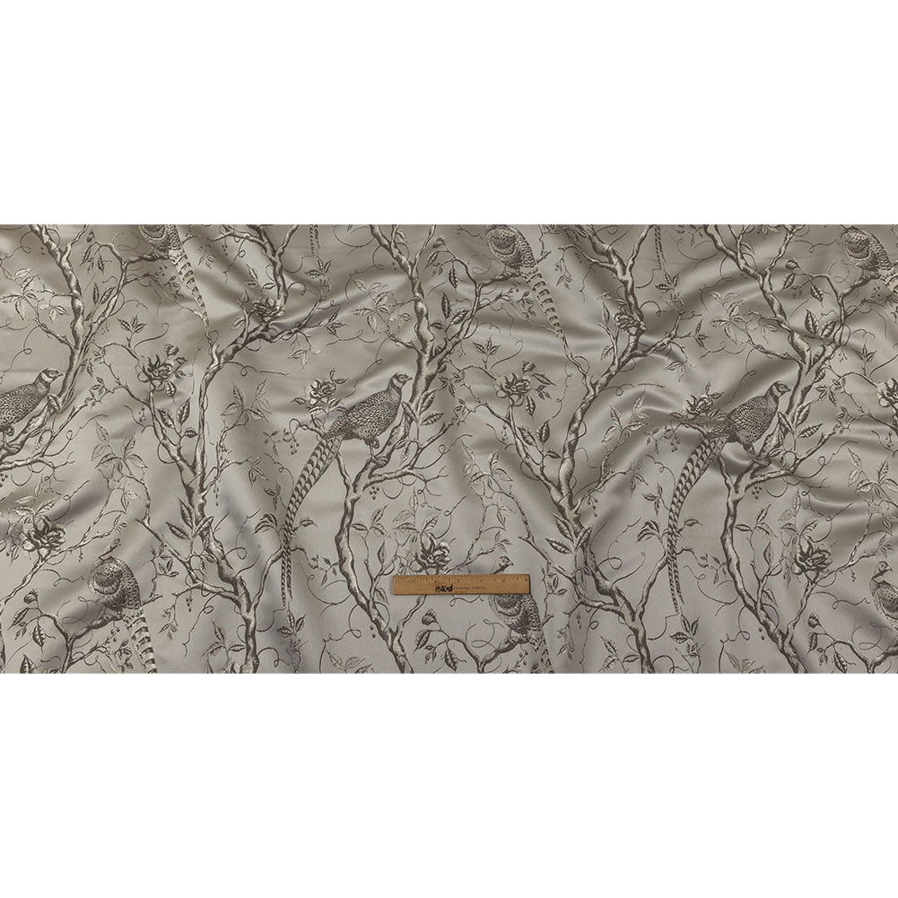 Drapery Jacquard - Silver Perched Peacocks on Branches - British Imported Full Drapery Jacquard - Silver Perched Peacocks on Branches - British Imported Full
