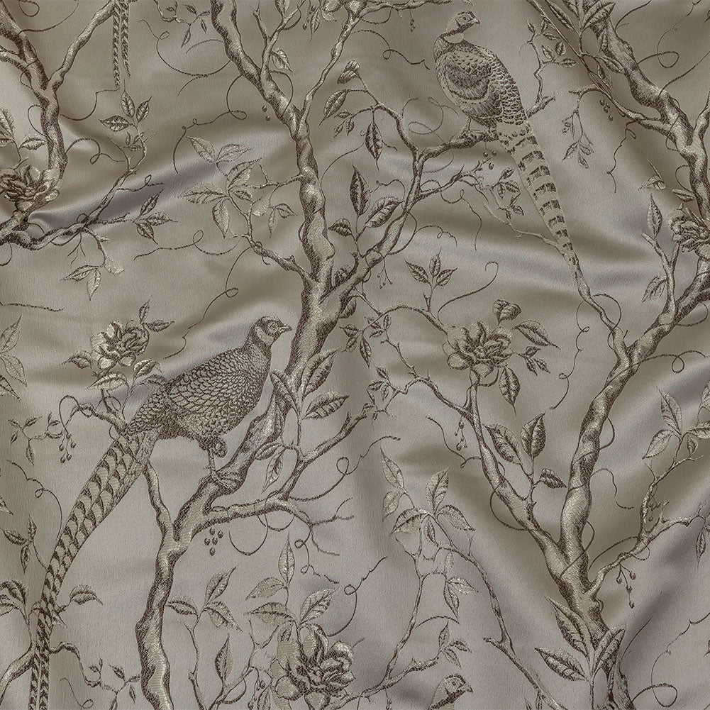 Drapery Jacquard - Silver Perched Peacocks on Branches - British Imported Drapery Jacquard - Silver Perched Peacocks on Branches - British Imported