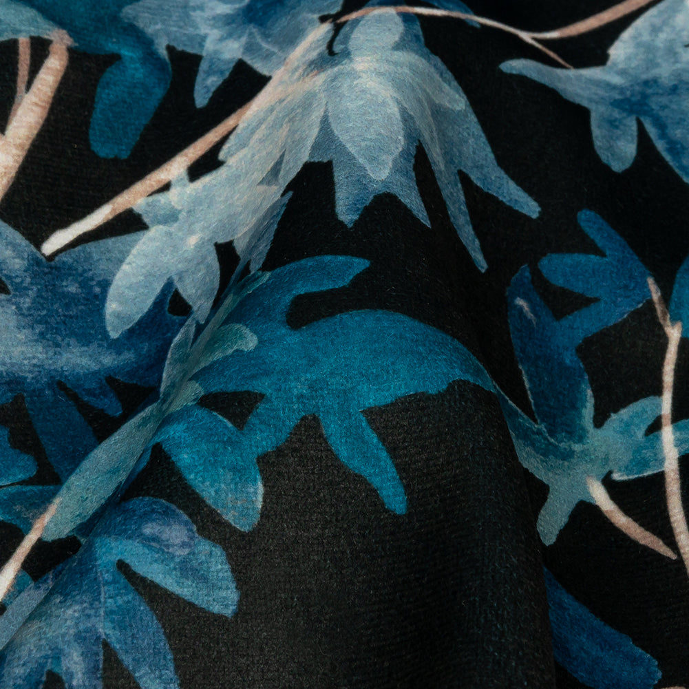 Polyester Microvelvet Print - Midnight Watercolor Tropical Branches - British Imported Detail Polyester Microvelvet Print - Midnight Watercolor Tropical Branches - British Imported Detail