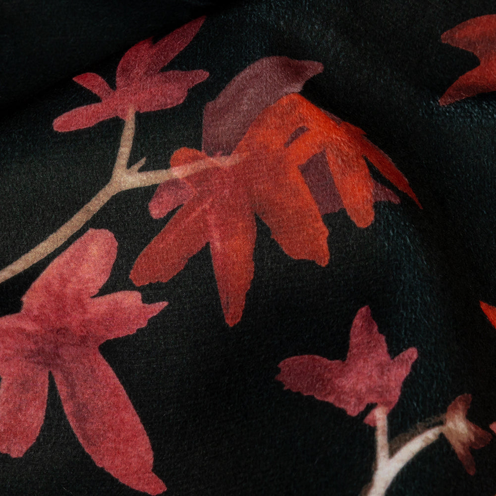 Polyester Microvelvet Print - Scarlet Watercolor Tropical Branches - British Imported Detail Polyester Microvelvet Print - Scarlet Watercolor Tropical Branches - British Imported Detail