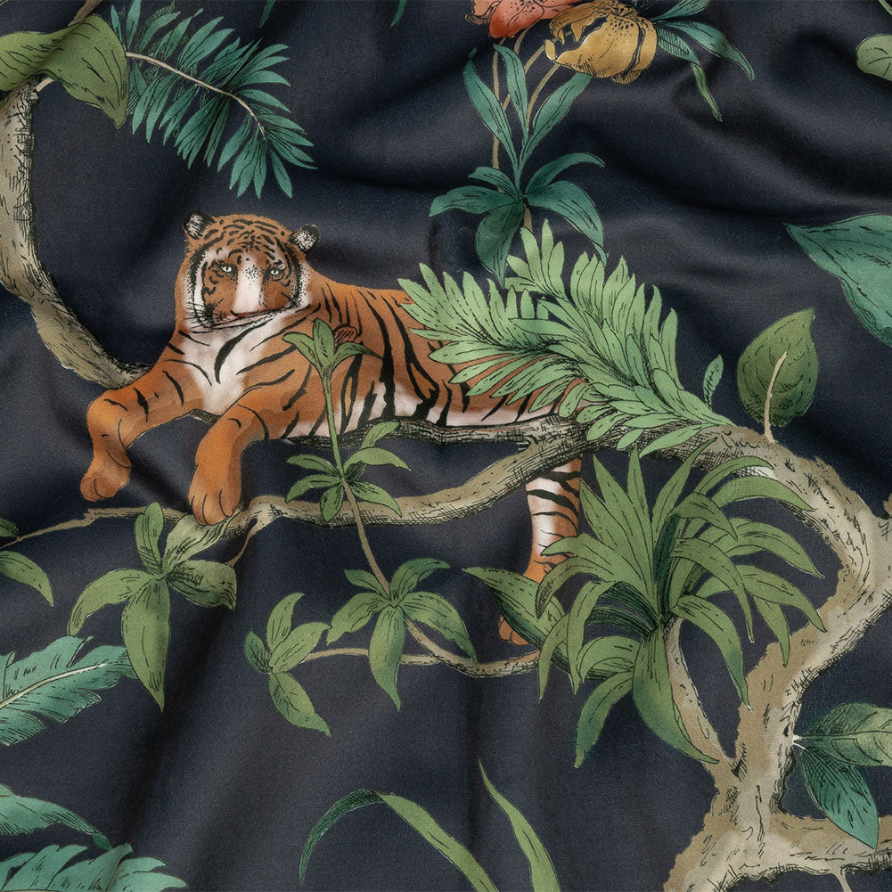 Polyester Microvelvet Print - Slate Lounging Tigers - British Imported Polyester Microvelvet Print - Slate Lounging Tigers - British Imported