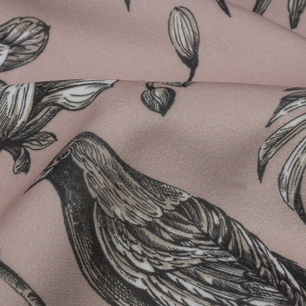Polyester Microvelvet Print - Blush Birds Perched in Paradise Florals - British Imported Detail Polyester Microvelvet Print - Blush Birds Perched in Paradise Florals - British Imported Detail