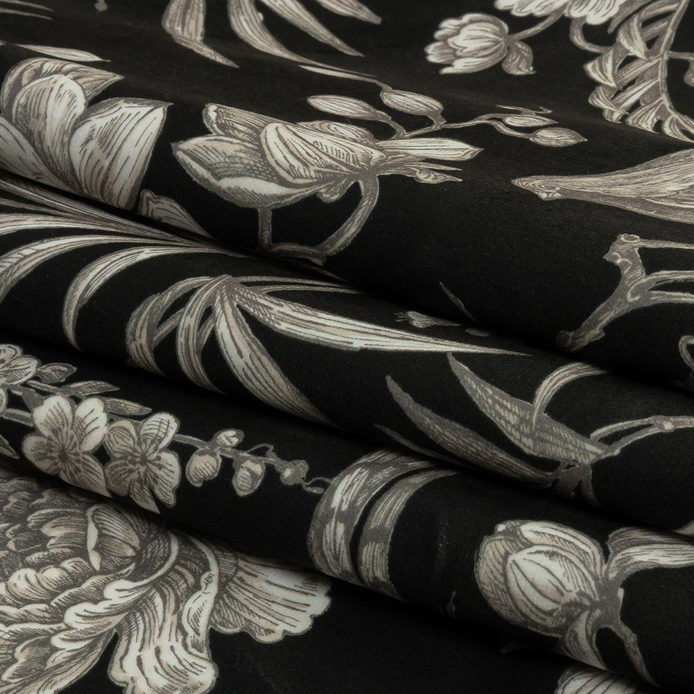 Polyester Microvelvet Print - Ebony Birds Perched in Paradise Florals - British Imported Folded Polyester Microvelvet Print - Ebony Birds Perched in Paradise Florals - British Imported Folded