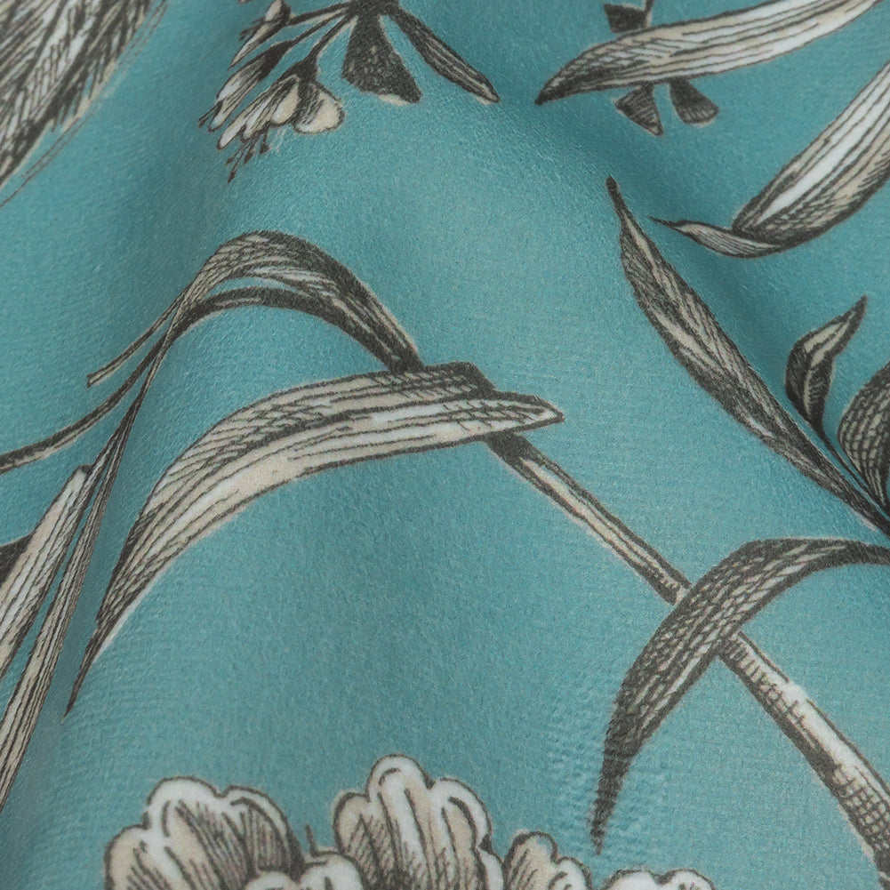 Polyester Microvelvet Print - Sky Birds Perched in Paradise Florals - British Imported Detail Polyester Microvelvet Print - Sky Birds Perched in Paradise Florals - British Imported Detail
