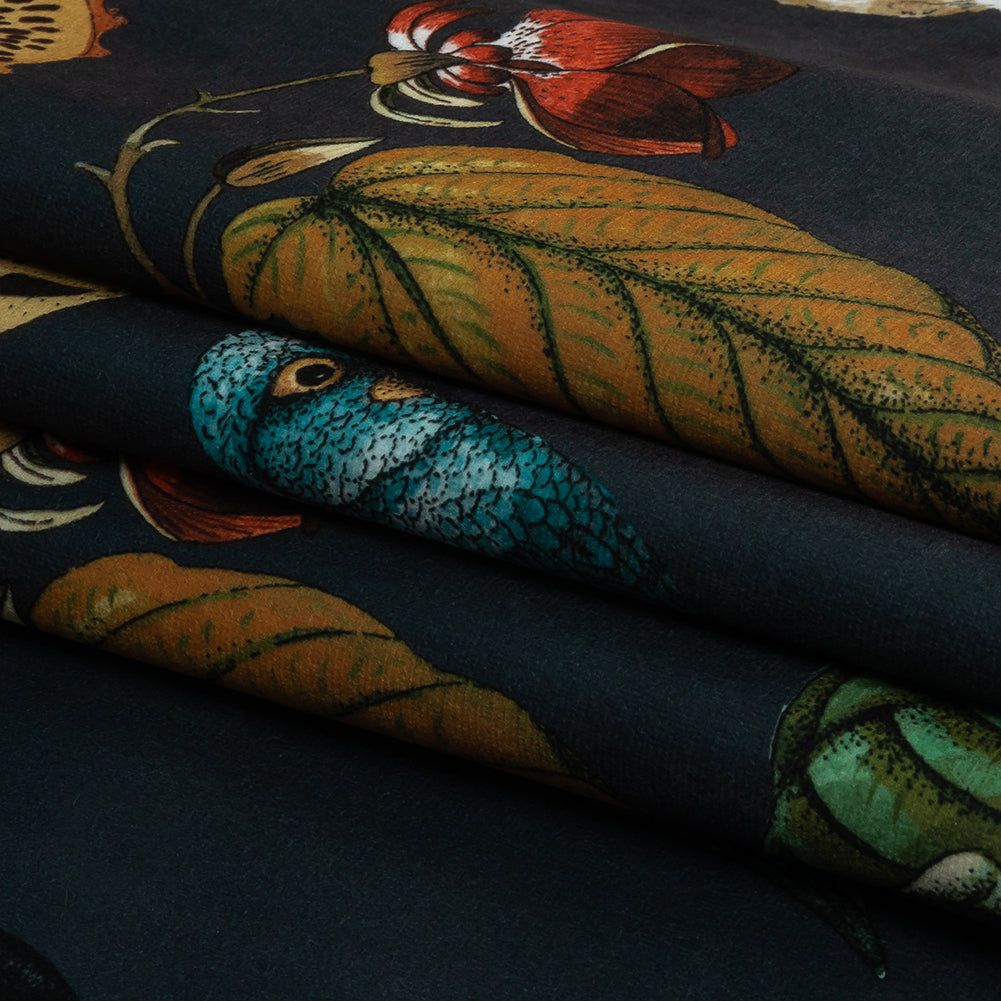 Polyester Microvelvet Print - Ink Fruits and Cockatoos - British Imported Folded Polyester Microvelvet Print - Ink Fruits and Cockatoos - British Imported Folded