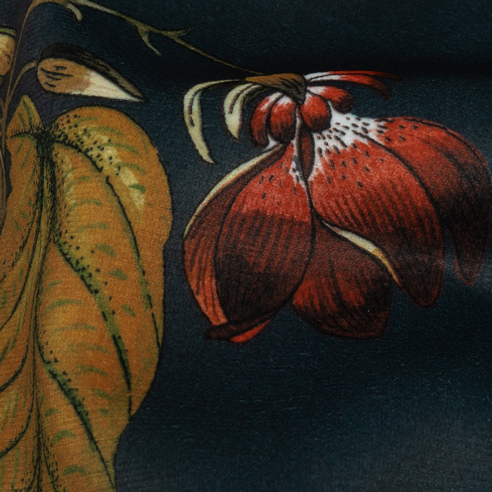 Polyester Microvelvet Print - Ink Fruits and Cockatoos - British Imported Detail Polyester Microvelvet Print - Ink Fruits and Cockatoos - British Imported Detail