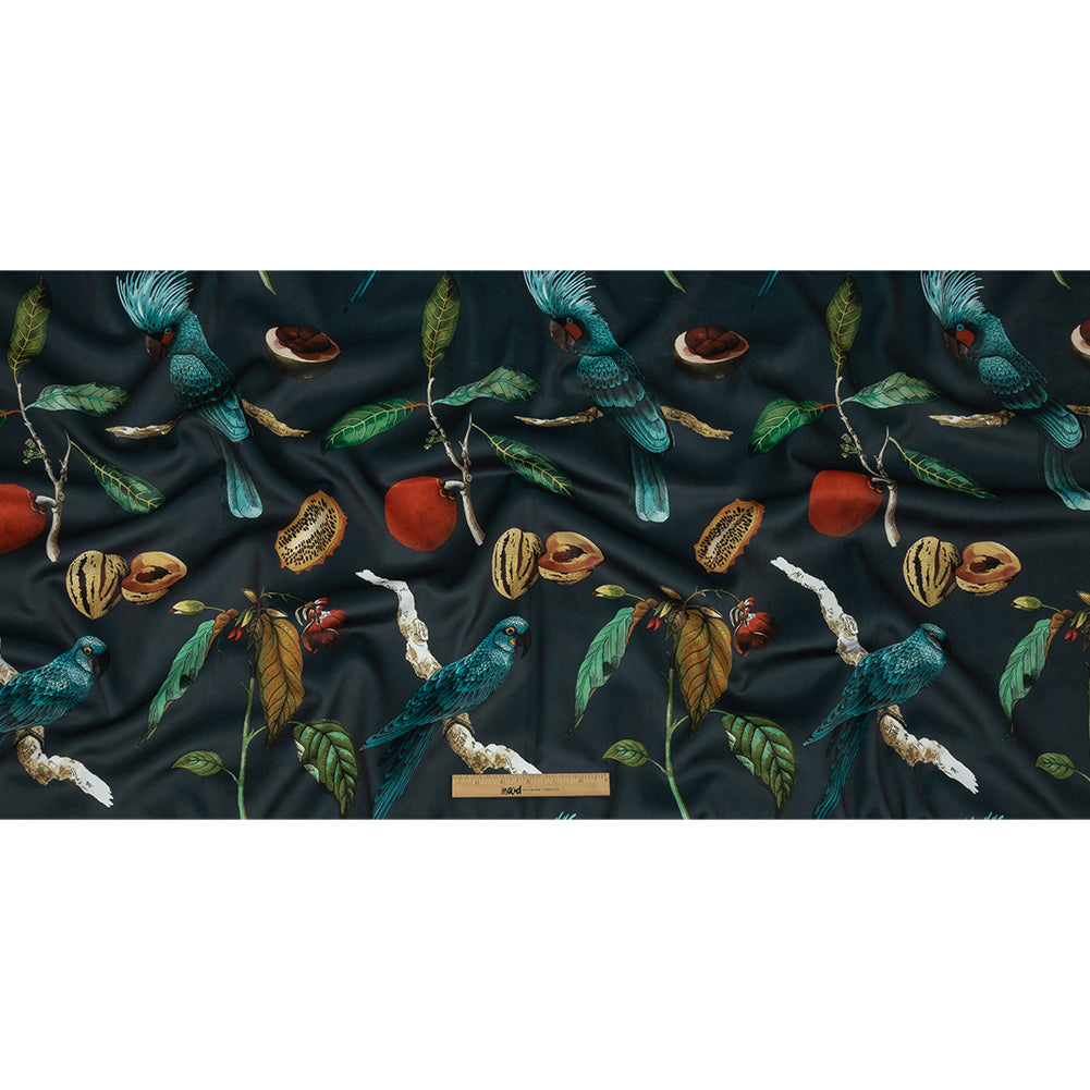 Polyester Microvelvet Print - Ink Fruits and Cockatoos - British Imported Full Polyester Microvelvet Print - Ink Fruits and Cockatoos - British Imported Full