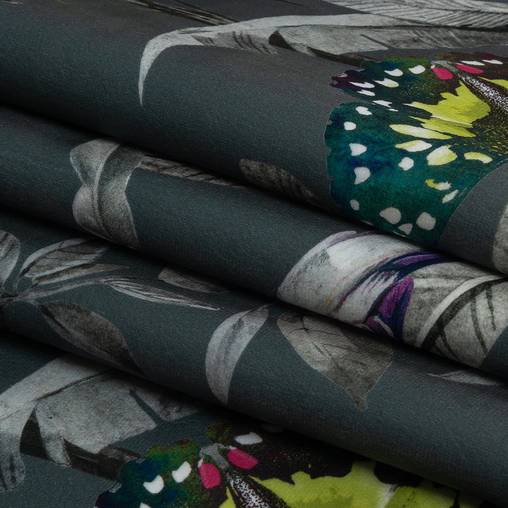 Polyester Microvelvet Print - Slate Tropical Birds and Butterflies - British Imported Folded Polyester Microvelvet Print - Slate Tropical Birds and Butterflies - British Imported Folded