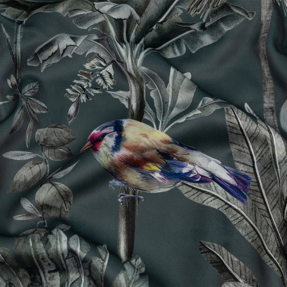 Polyester Microvelvet Print - Slate Tropical Birds and Butterflies - British Imported Polyester Microvelvet Print - Slate Tropical Birds and Butterflies - British Imported