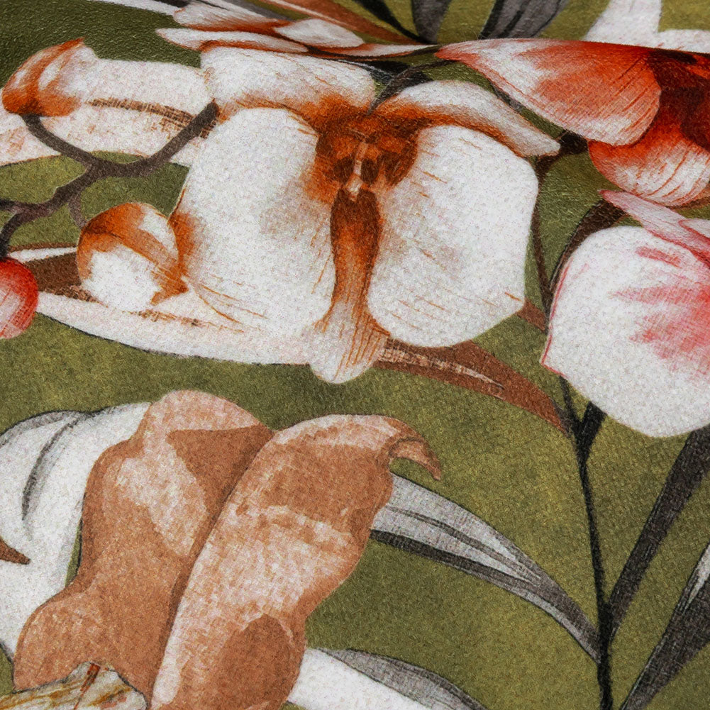 Polyester Microvelvet Print - Olive Tropical Florals - British Imported Detail Polyester Microvelvet Print - Olive Tropical Florals - British Imported Detail
