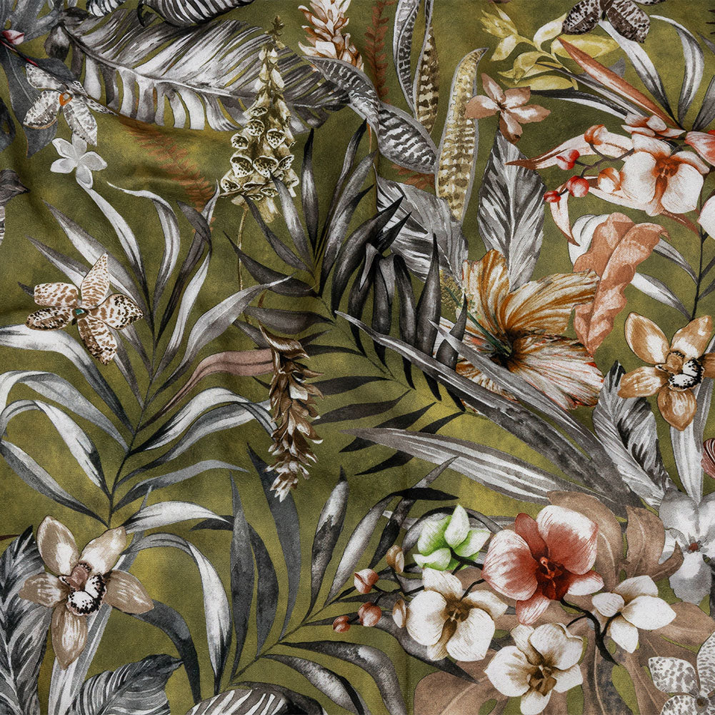 Polyester Microvelvet Print - Olive Tropical Florals - British Imported Polyester Microvelvet Print - Olive Tropical Florals - British Imported