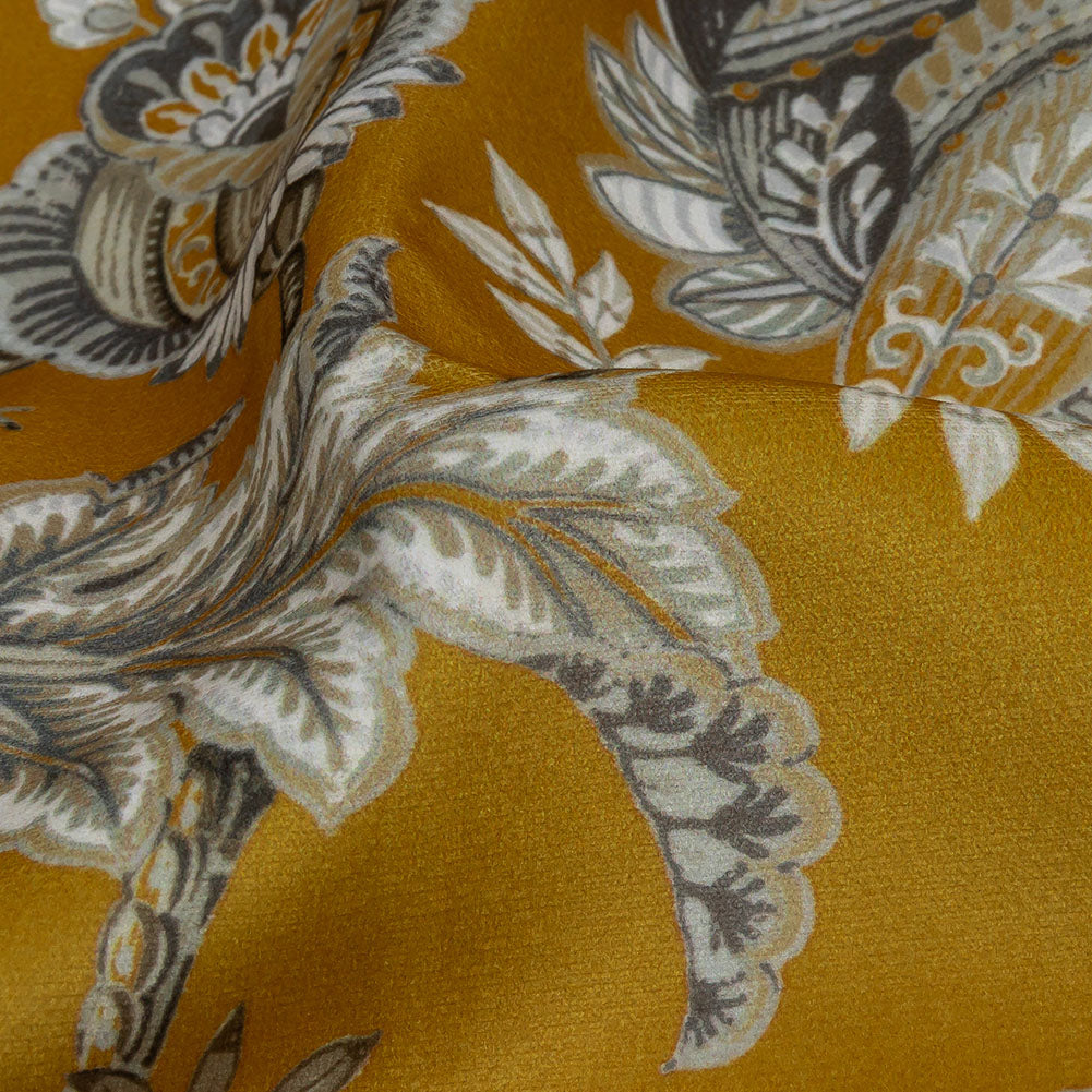 Polyester Microvelvet Print - Ochre Jacobean Floral - British Imported Detail Polyester Microvelvet Print - Ochre Jacobean Floral - British Imported Detail