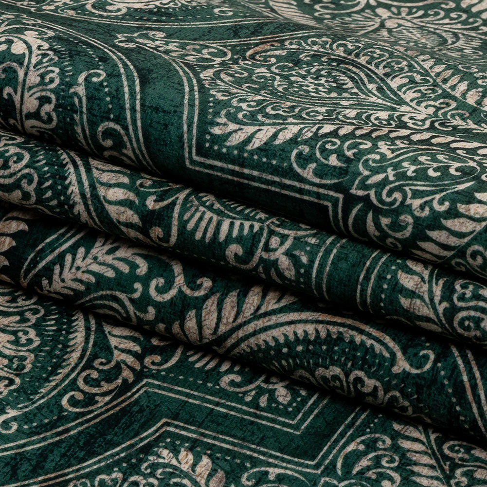 Printed Polyester Velvet - Emerald Ornate Leafy Tiles - British Imported Folded Printed Polyester Velvet - Emerald Ornate Leafy Tiles - British Imported Folded