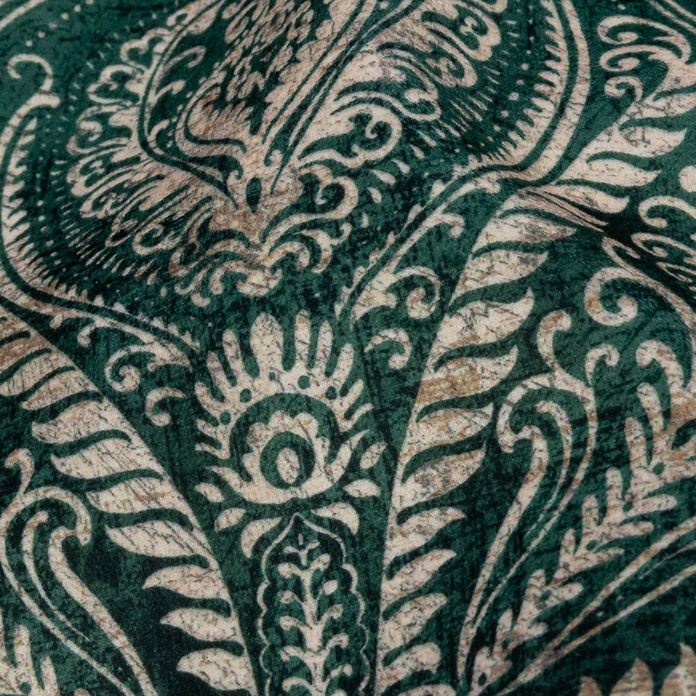 Printed Polyester Velvet - Emerald Ornate Leafy Tiles - British Imported Detail Printed Polyester Velvet - Emerald Ornate Leafy Tiles - British Imported Detail
